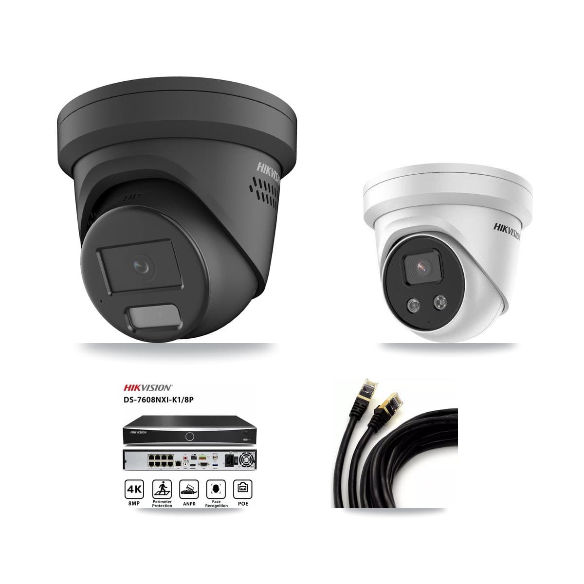 Hikvision 8-Channel 4MP – 5MP CCTV Kit — 1 Black 4MP + 1 5MP Turret Cameras + 3TB Recording (DS-7608NXI Recorder) - Image 1
