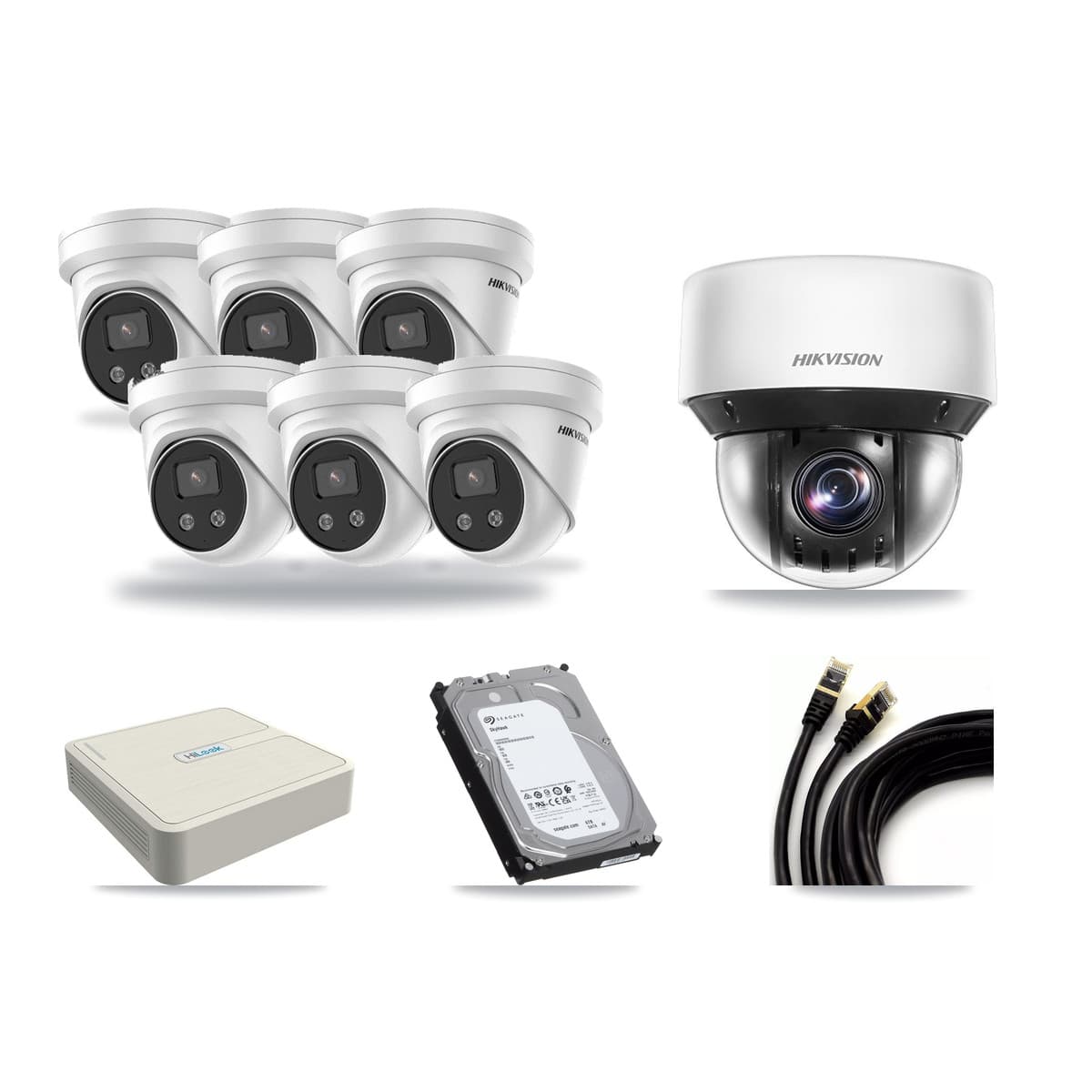 Hikvision & HiLook 8-Channel 4MP – 5MP CCTV Kit — 6 DS-2CD3356G2 5MP Turret + 1 DS-2DE4A425IW 4MP PTZ Cameras + 6TB Recording - Image 1