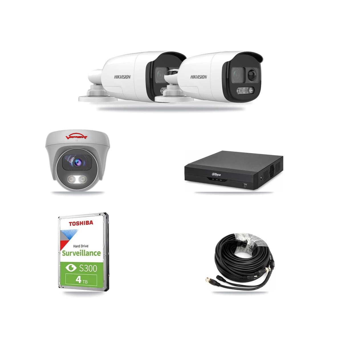 4-Channel 5MP CCTV Kit — 2 DS-2CE12KF3T Bullet + 1 White VIPER-5MP-3K Cameras + 4TB Recording (DH-XVR5104HS Recorder) - Image 1