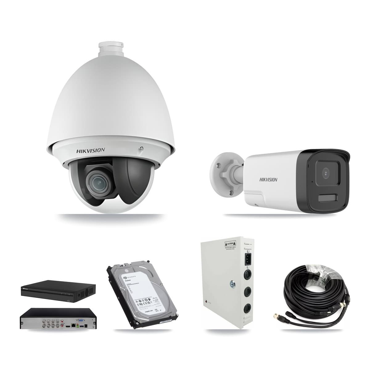 Hikvision & Prolux 8-Channel 2MP – 5MP CCTV Kit — 3 DS-2AE4225T 2MP PTZ + 3 DS-2CE17K0T 5MP Bullet Cameras + 6TB Recording