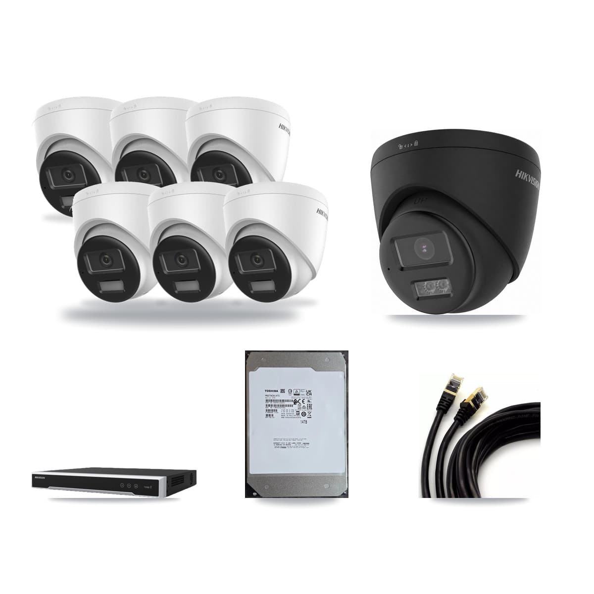 Hikvision 8-Channel 4K CCTV Kit — 6 DS-2CD1383G2 + 1 Black DS-2CD1383G2 Turret Cameras + 14TB Recording - Image 1