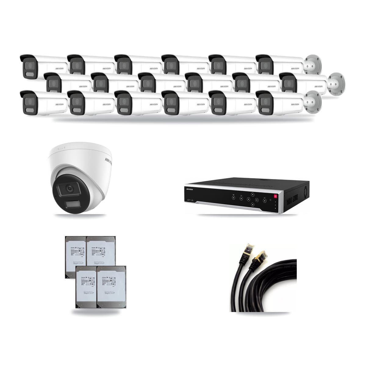 Hikvision 32-Channel 4MP – 4K CCTV Kit — 1 DS-2CD1383G2-LIU 4K Turret + 18 DS-2CD2T47G2H-LISU/SL 4MP Bullet Cameras + 4× 14TB Recording (DS-7732NI-M4/24P Recorder) - Image 1