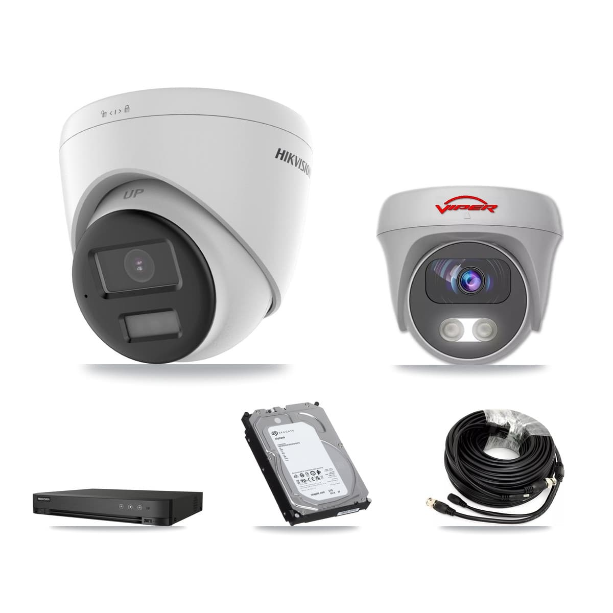 Hikvision & Viper 4-Channel 5MP – 4K CCTV Kit — 2 4K Turret + 1 White 5MP Cameras + 6TB Recording (DS-7204HUHI Recorder) - Image 1