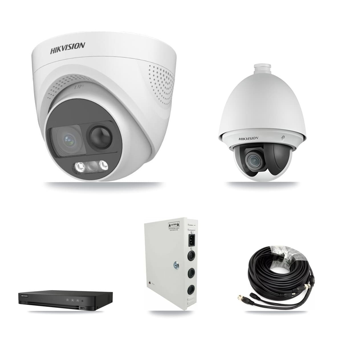 Hikvision 4-Channel 2MP – 5MP CCTV Kit — 1 DS-2AE4225T 2MP PTZ + 2 DS-2CE72KF3T 5MP Turret Cameras + 3TB Recording (IDS-7204HQHI Recorder)