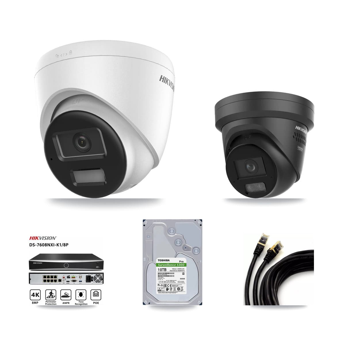 Hikvision 8-Channel 4K CCTV Kit — 4 DS-2CD1383G2 + 4 DS-2CD2387G3 Turret Cameras + 10TB Recording