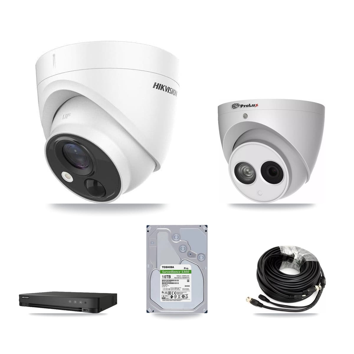 Hikvision & Prolux 8-Channel 4MP – 5MP CCTV Kit — 7 DS-2CE71H0T 5MP + 1 PXC-612C4W-A 4MP Turret Cameras + 10TB Recording (IDS-7208HQHI Recorder)