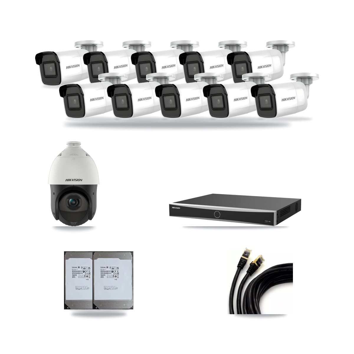 Hikvision 16-Channel 4MP – 4K CCTV Kit — 10 4K Bullet + 1 4MP PTZ Cameras + 2× 14TB Recording (DS-7616NXI Recorder) - Image 1