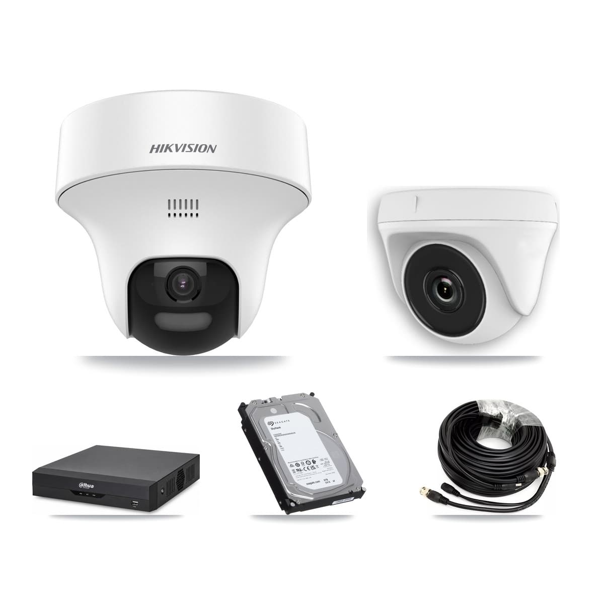 Hikvision & Dahua 4-Channel 2MP – 5MP CCTV Kit — 3 DS-2CE70K0T 5MP Turret + 1 White HDT-2MP-N20W 2MP Dome Cameras + 6TB Recording