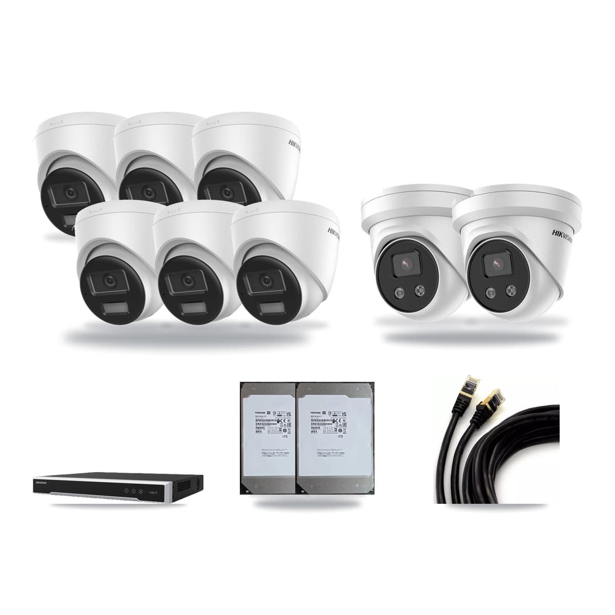 Hikvision 8-Channel 5MP – 4K CCTV Kit — 6 DS-2CD1383G2-LIUF/SL 4K + 2 DS-2CD3356G2-ISU 5MP Turret Cameras + 2× 14TB Recording (DS-7608NI-M2/8P Recorder) - Image 1