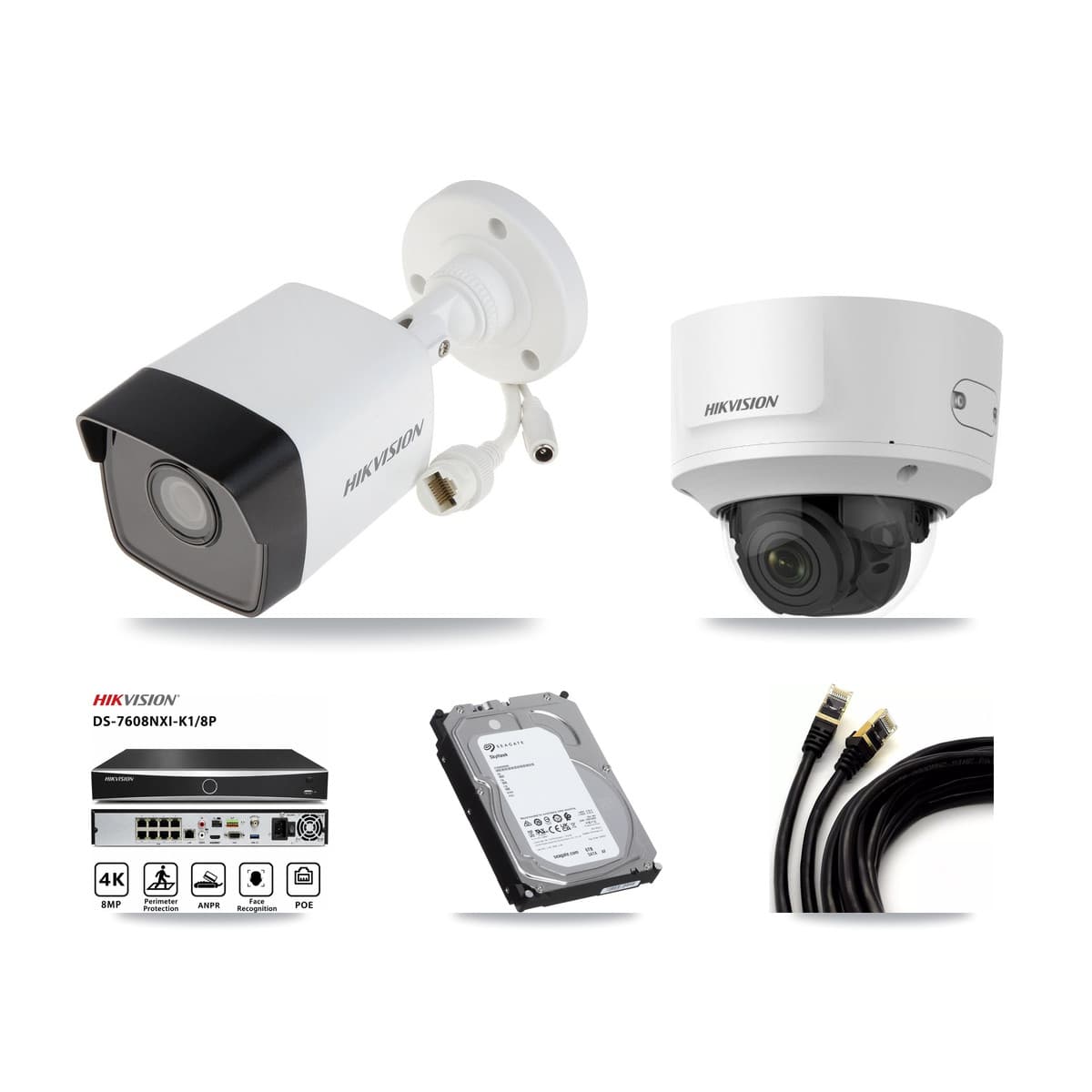 Hikvision 8-Channel 2MP – 5MP CCTV Kit — 4 5MP Bullet + 1 2MP Dome Cameras + 6TB Recording (DS-7608NXI Recorder)