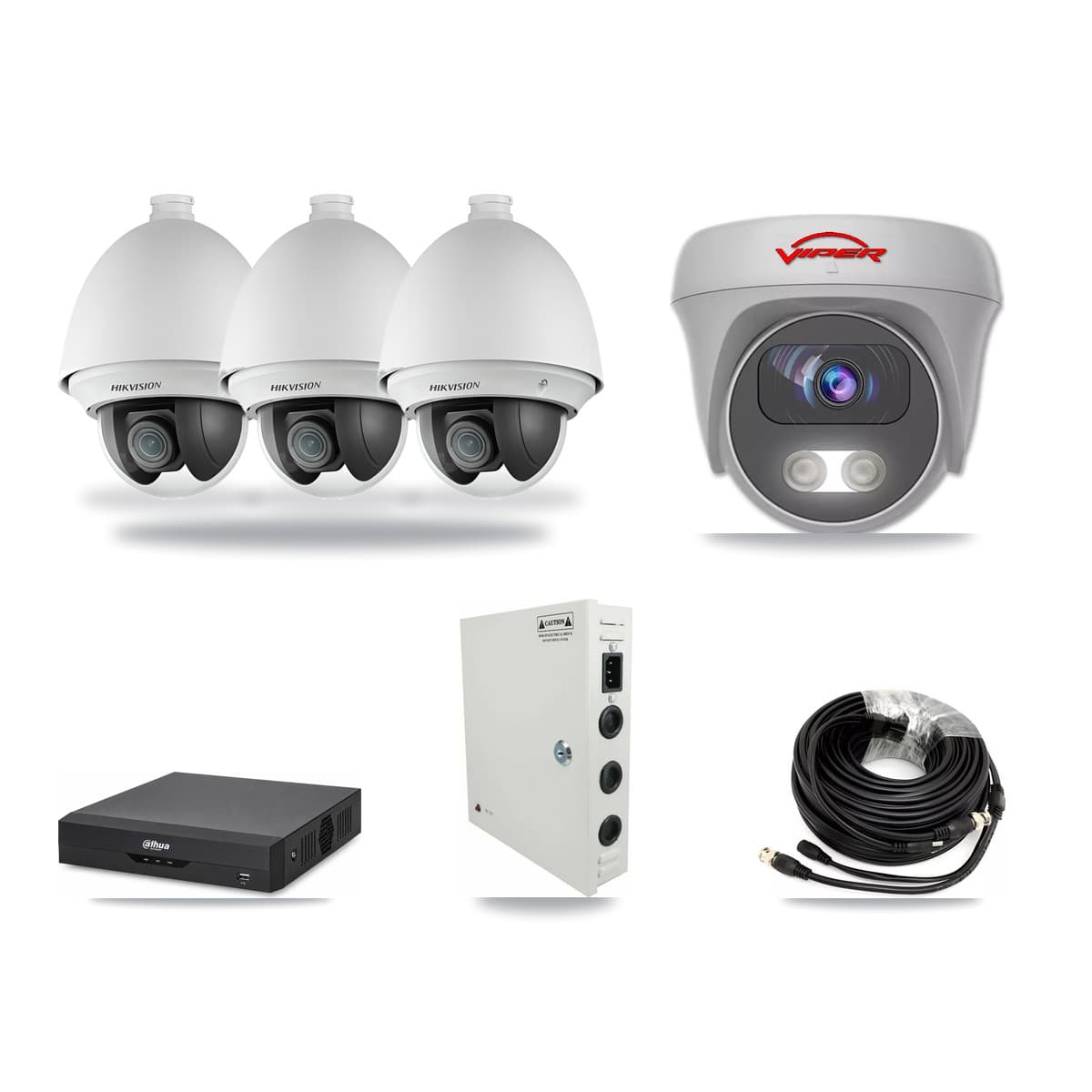 4-Channel 2MP – 5MP CCTV Kit — 3 2MP PTZ + 1 White 5MP Cameras + 3TB Recording (DH-XVR5104HS Recorder) - Image 1