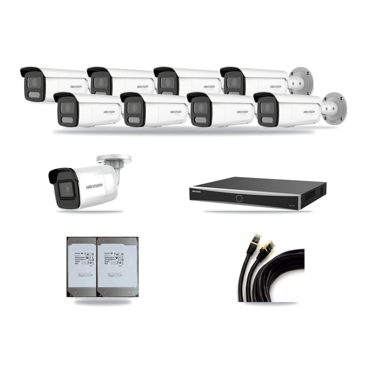 Hikvision 16-Channel 4K CCTV Kit — 1 DS-2CD2085G1 + 8 White DS-2CD2T87G2H Bullet Cameras + 2× 14TB Recording (DS-7616NXI Recorder) - Image 1