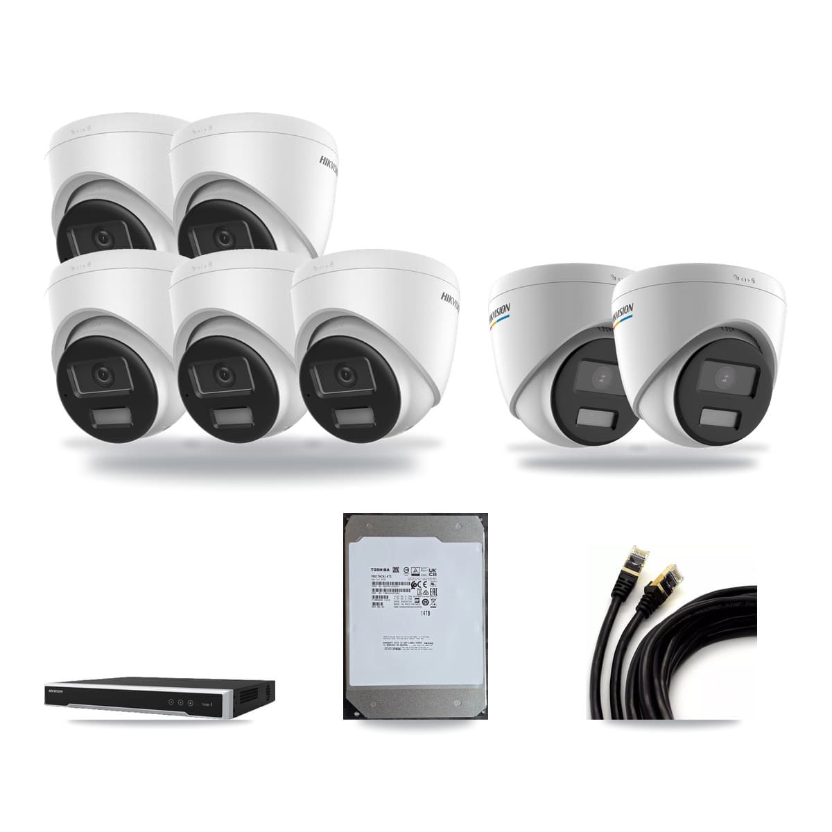 Hikvision 8-channel CCTV kit: 7 cameras (5× 4K Turret + 2× 2MP Turret), 14TB hard drive