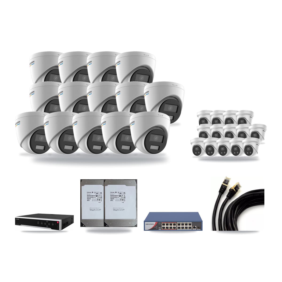 Hikvision 32-Channel 2MP – 5MP CCTV Kit — 14 2MP + 14 5MP Turret Cameras + 2× 14TB Recording - Image 1