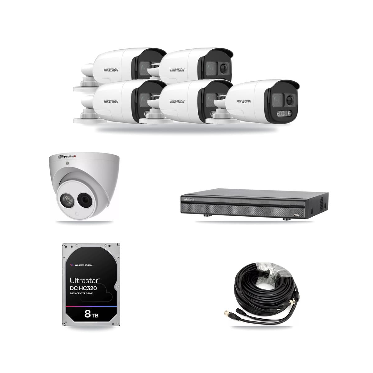 8-Channel 4MP – 5MP CCTV Kit — 5 DS-2CE12KF3T 5MP Bullet + 1 PXC-612C4W-A 4MP Turret Cameras + 8TB Recording (DH-XVR5108H Recorder) - Image 1