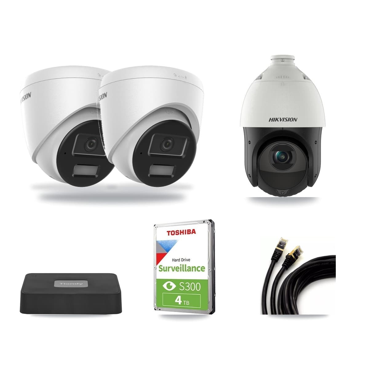 Hikvision & Tiandy 4-Channel 4MP CCTV Kit — 2 DS-2CD1343G2 Turret + 1 DS-2DE4425IW PTZ Cameras + 4TB Recording - Image 1