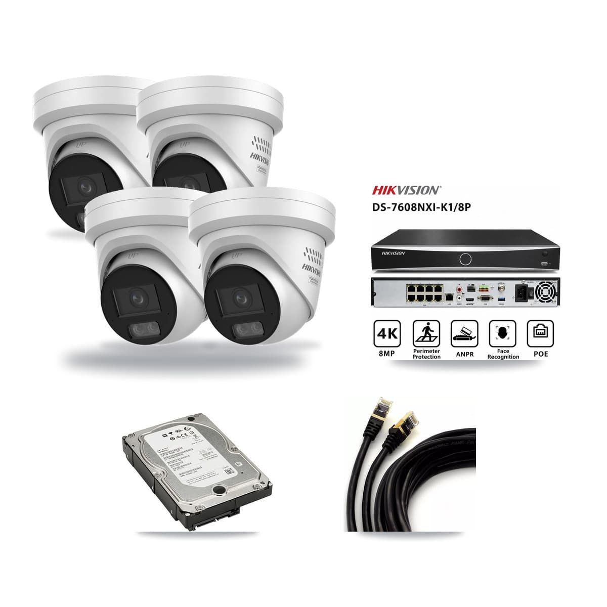 Hikvision 8-Channel 4MP CCTV Kit — 4 DS-2CD2347G3 Turret Cameras + 5TB Recording (DS-7608NXI Recorder) - Image 1