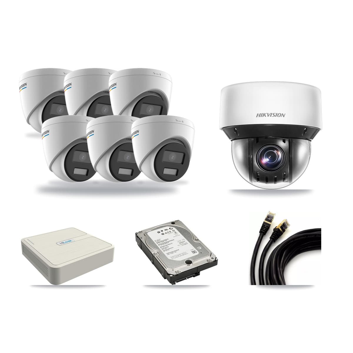 Hikvision & HiLook 8-Channel 2MP – 4MP CCTV Kit — 6 DS-2CD1327G2 2MP Turret + 1 DS-2DE4A425IW 4MP PTZ Cameras + 5TB Recording - Image 1