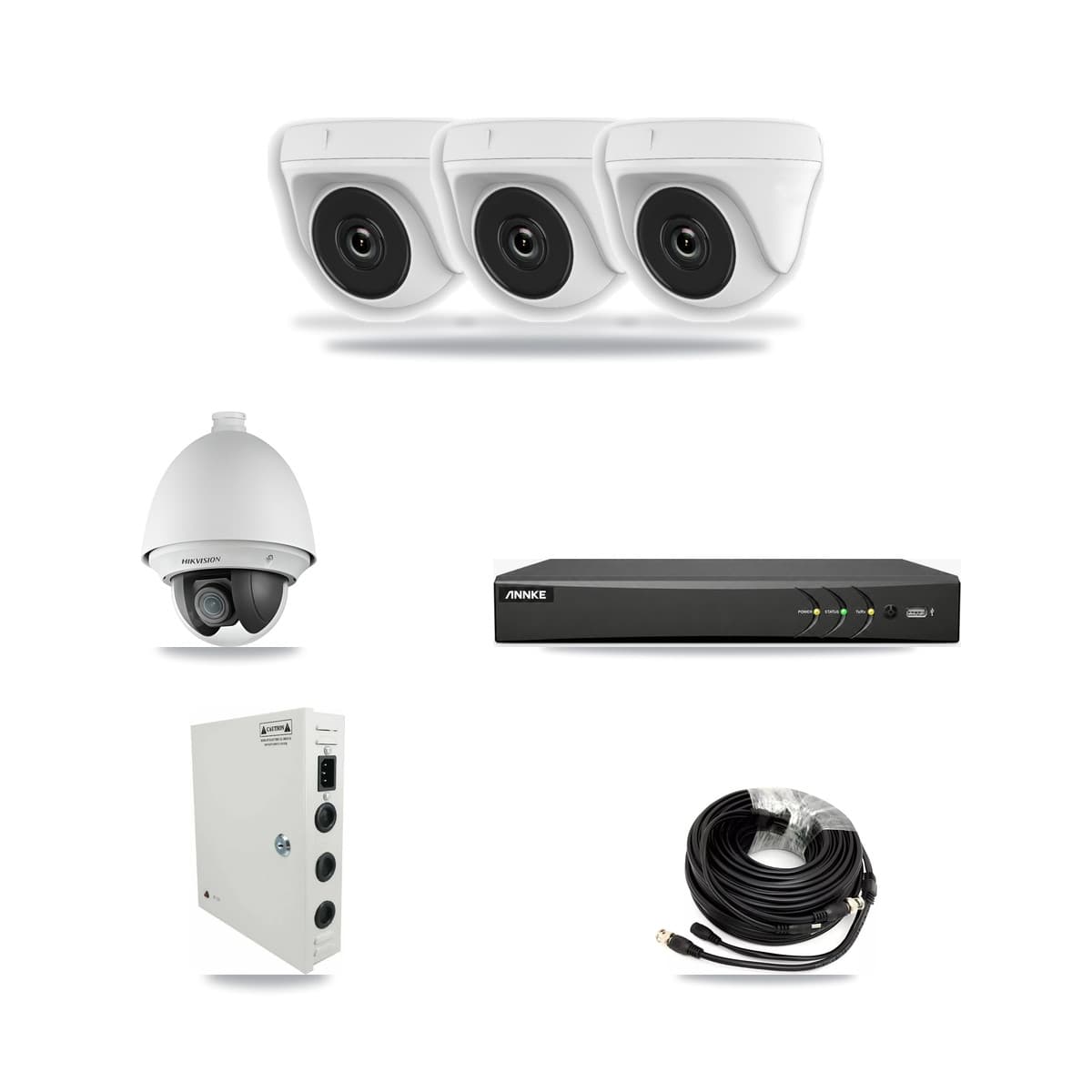 Hikvision & ANNKE 4-Channel 2MP CCTV Kit — 1 DS-2AE4225T PTZ + 3 White HDT-2MP-N20W Dome Cameras + 3TB Recording - Image 1