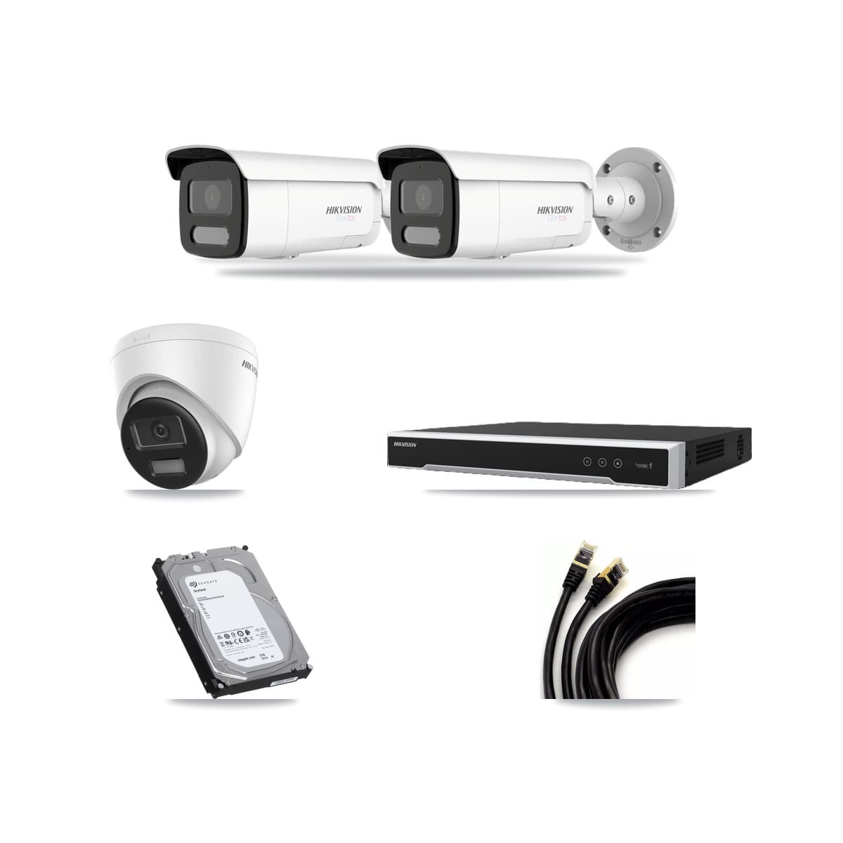 Hikvision 8-Channel 4K CCTV Kit — 1 DS-2CD1383G2-LIUF/SL Turret + 2 White DS-2CD2T87G2H-LISU/SL-2.8MM-W Bullet Cameras + 6TB Recording (DS-7608NI-M2/8P Recorder) - Image 1