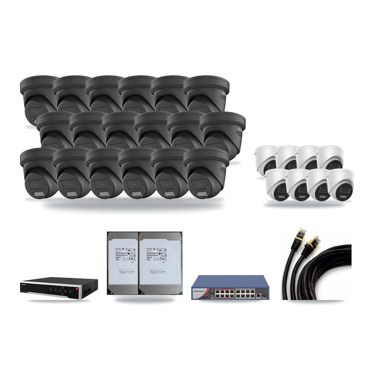 Hikvision 32-Channel 4MP CCTV Kit — 8 DS-2CD1343G2 + 18 DS-2CD2347G2 Turret Cameras + 2× 14TB Recording - Image 1