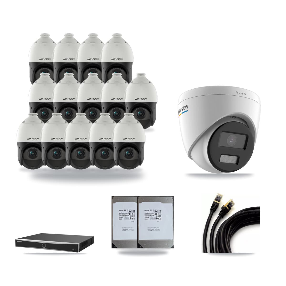 Hikvision 16-Channel 2MP – 4MP CCTV Kit — 1 2MP Turret + 14 4MP PTZ Cameras + 2× 14TB Recording (DS-7616NXI Recorder) - Image 1