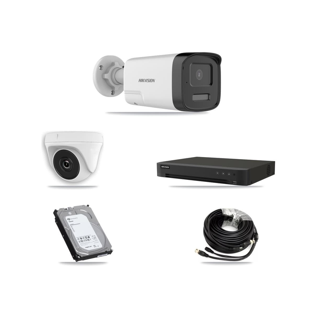 Hikvision 8-Channel 2MP – 5MP CCTV Kit — 4 DS-2CE17K0T-LXTS 5MP Bullet + 4 White HDT-2MP-N20W-2.8MM 2MP Dome Cameras + 6TB Recording (IDS-7208HUHI-M1/XT Recorder)