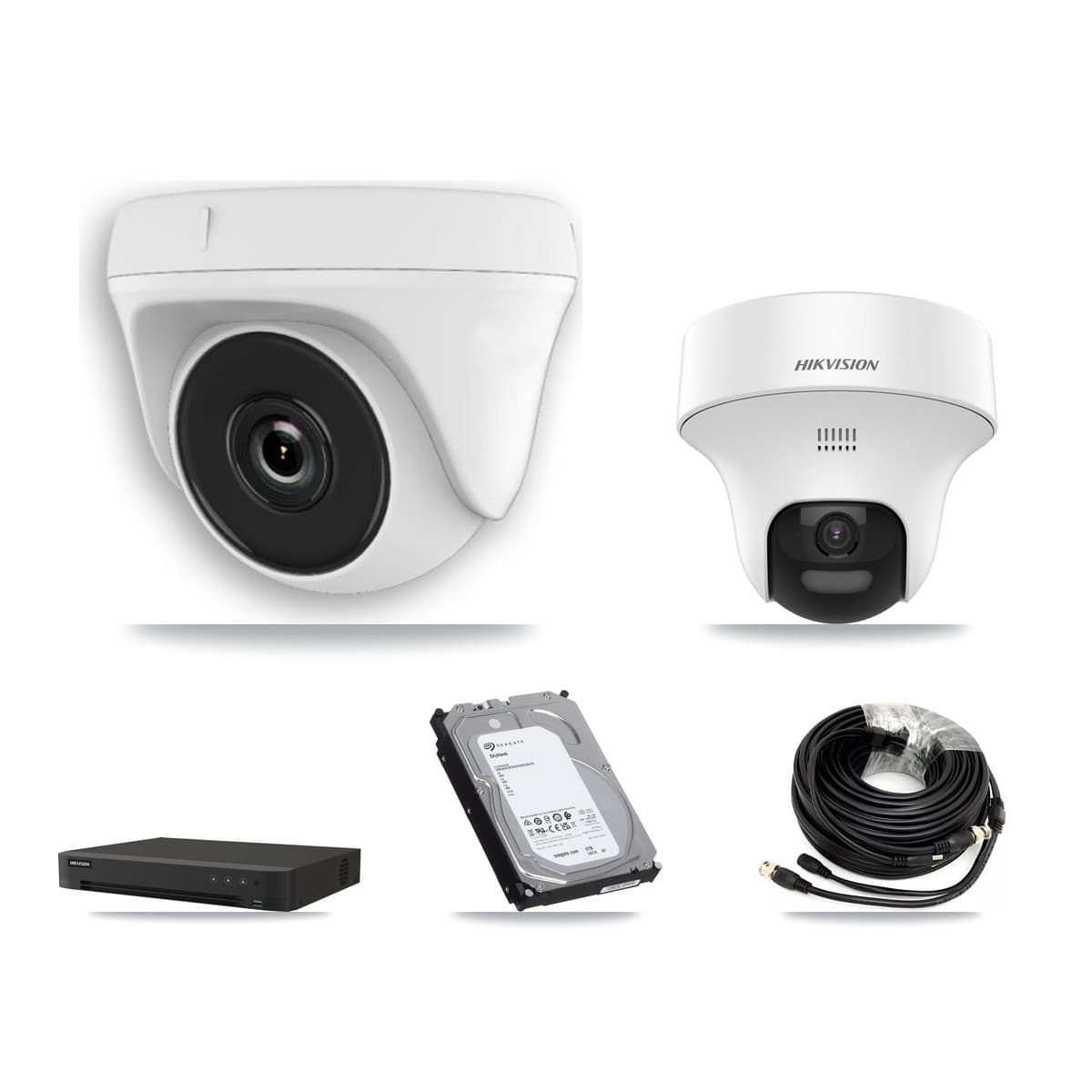 Hikvision 8-Channel 2MP – 5MP CCTV Kit — 1 DS-2CE70K0T-PTLTS 5MP Turret + 3 White HDT-2MP-N20W-2.8MM 2MP Dome Cameras + 6TB Recording (IDS-7208HUHI-M1/XT Recorder) - Image 1