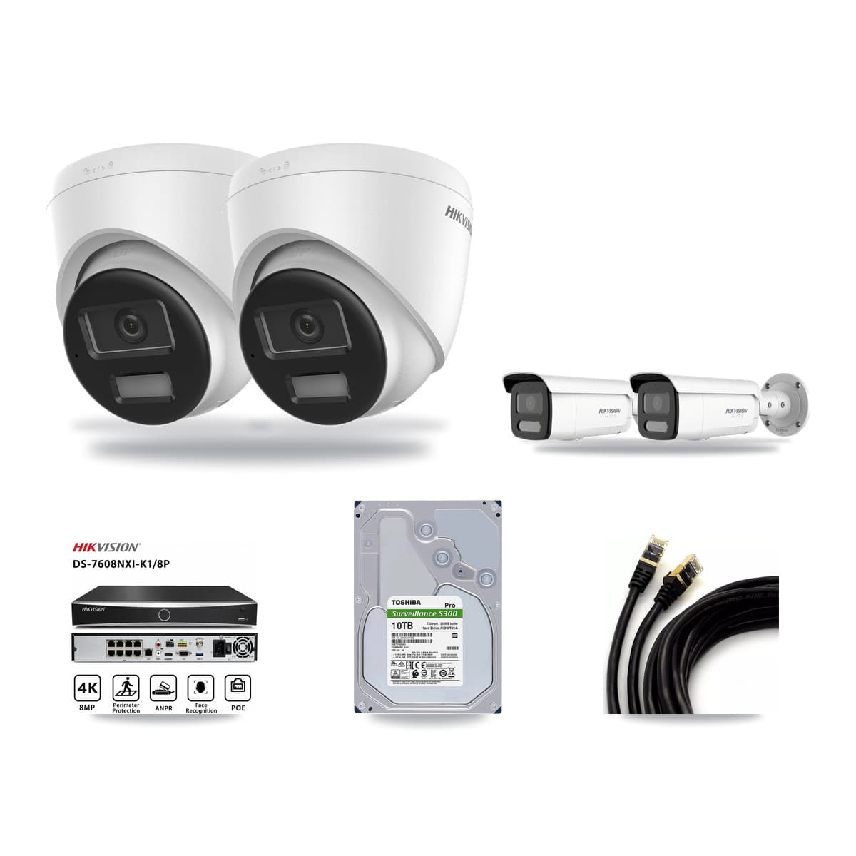 Hikvision 8-Channel 4K CCTV Kit — 2 DS-2CD1383G2-LIU Turret + 2 White DS-2CD2T87G2H-LISU/SL-2.8MM-W Bullet Cameras + 10TB Recording (DS-7608NXI-K1/8P Recorder) - Image 1