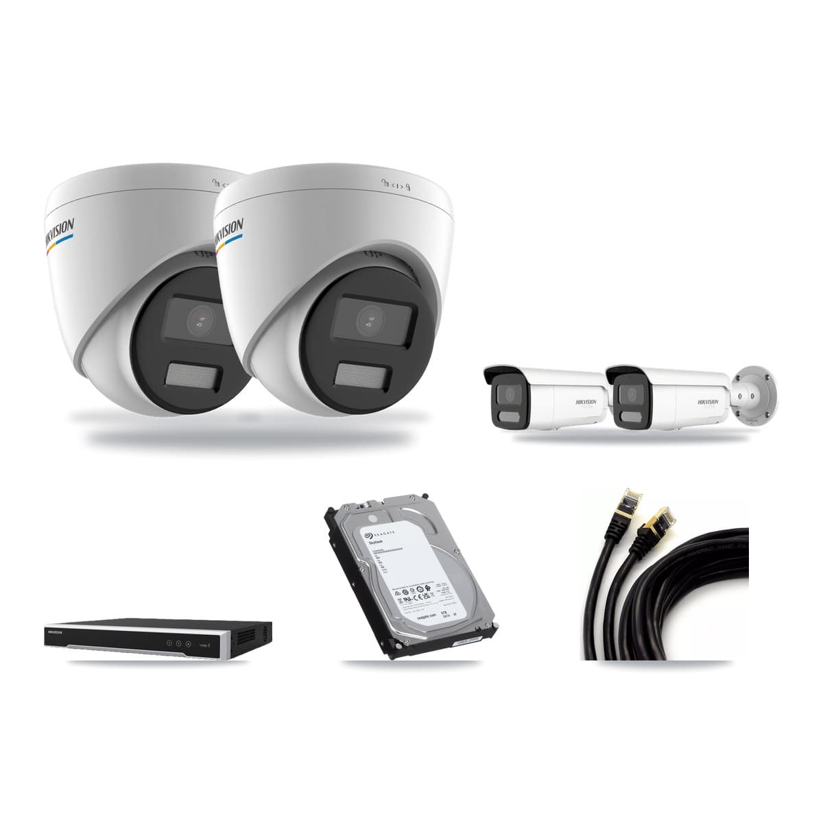 Hikvision 8-Channel 2MP – 4K CCTV Kit — 2 2MP Turret + 2 White 4K Bullet Cameras + 6TB Recording (DS-7608NI-M2 Recorder) - Image 1