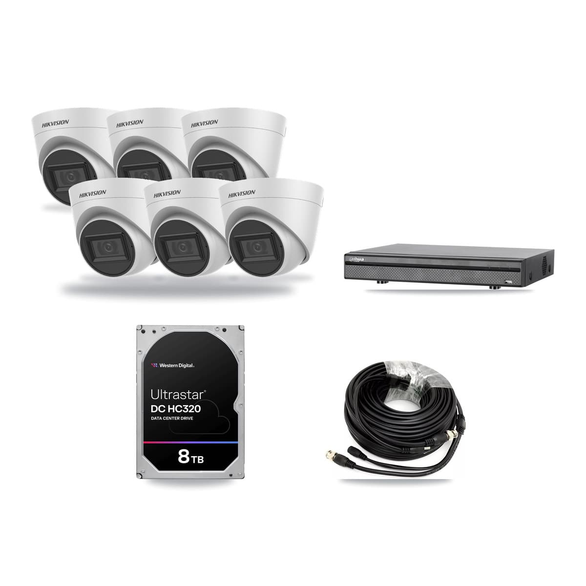 Hikvision & Dahua 8-Channel 5MP CCTV Kit — 6 White Turret Cameras + 8TB Recording (DH-XVR5108H Recorder) - Image 1