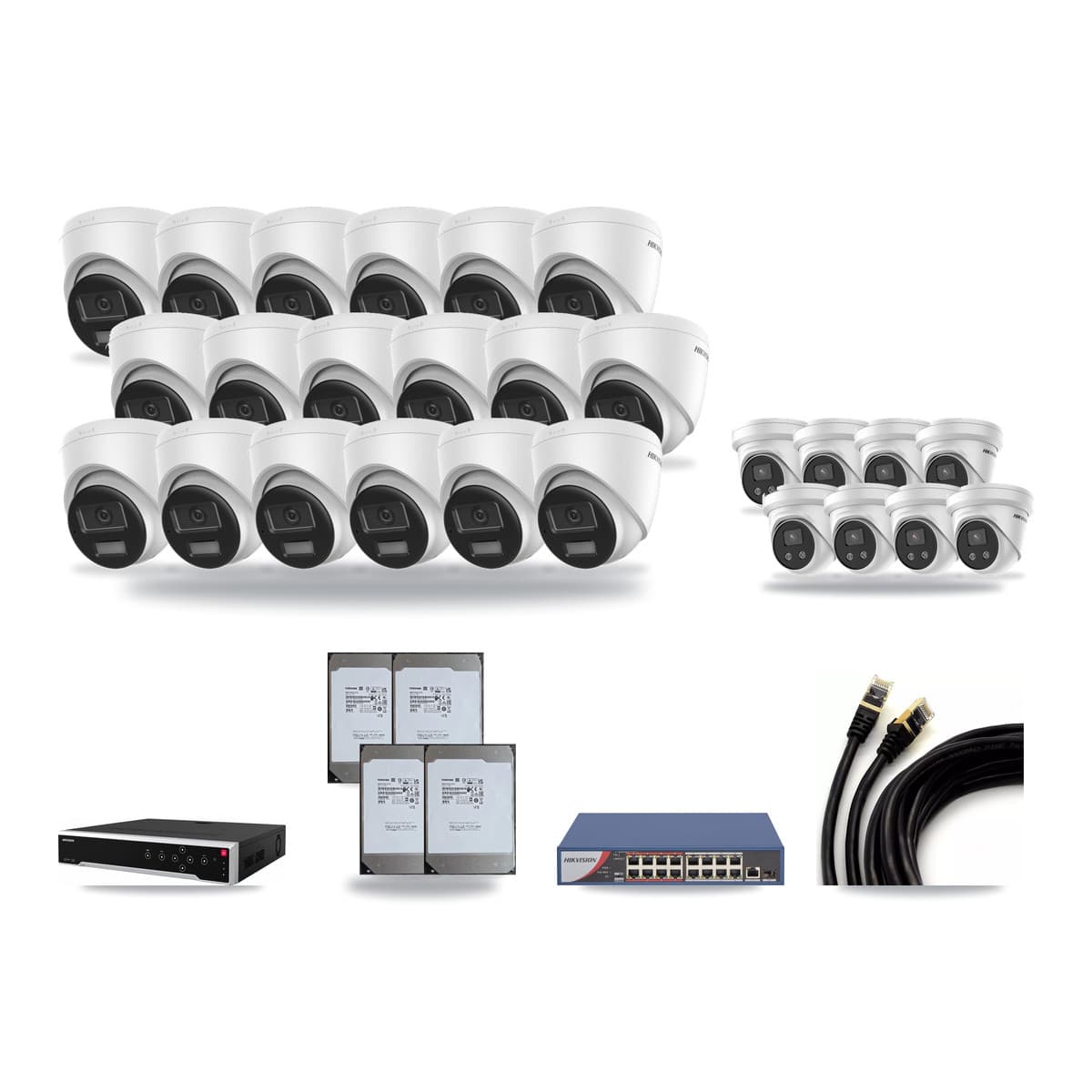 Hikvision 32-Channel 5MP – 4K CCTV Kit — 18 DS-2CD1383G2-LIUF/SL 4K + 8 DS-2CD3356G2-ISU 5MP Turret Cameras + 4× 14TB Recording (DS-7732NI-M4/24P Recorder) - Image 1