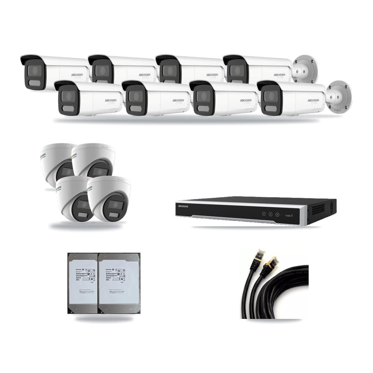 Hikvision 16-Channel 2MP – 4K CCTV Kit — 4 2MP Turret + 8 White 4K Bullet Cameras + 2× 14TB Recording (DS-7616NI-M2 Recorder) - Image 1