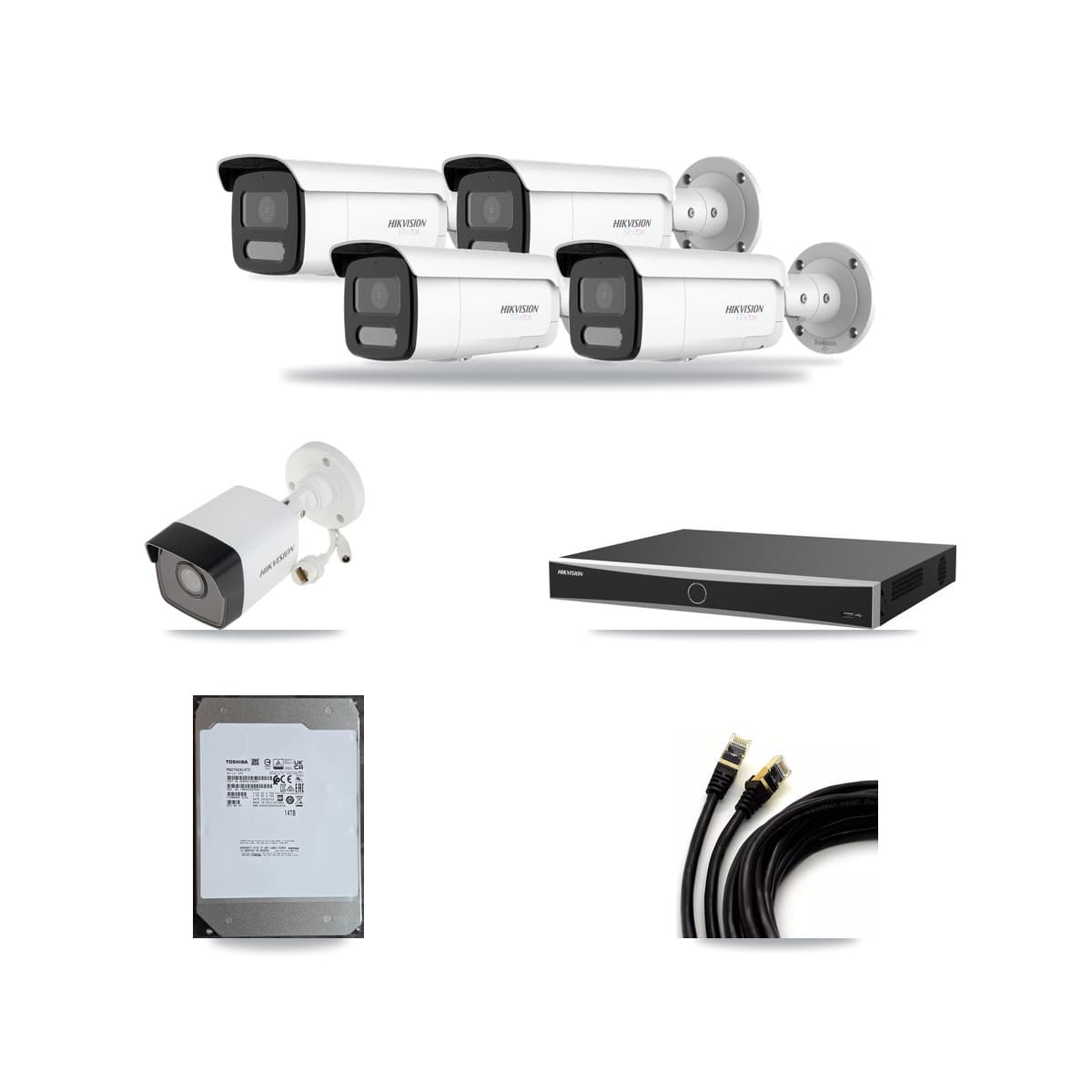 Hikvision 16-channel CCTV kit: 5 cameras (4× 4K Bullet + 1× 5MP Bullet), 14TB hard drive
