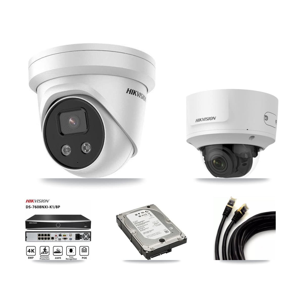 Hikvision 8-Channel 2MP – 5MP CCTV Kit — 1 2MP Dome + 3 5MP Turret Cameras + 5TB Recording (DS-7608NXI Recorder)
