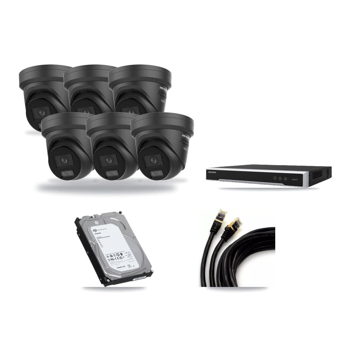 Hikvision 8-Channel 4K CCTV Kit — 6 Black Turret Cameras + 6TB Recording (DS-7608NI-M2 Recorder) - Image 1
