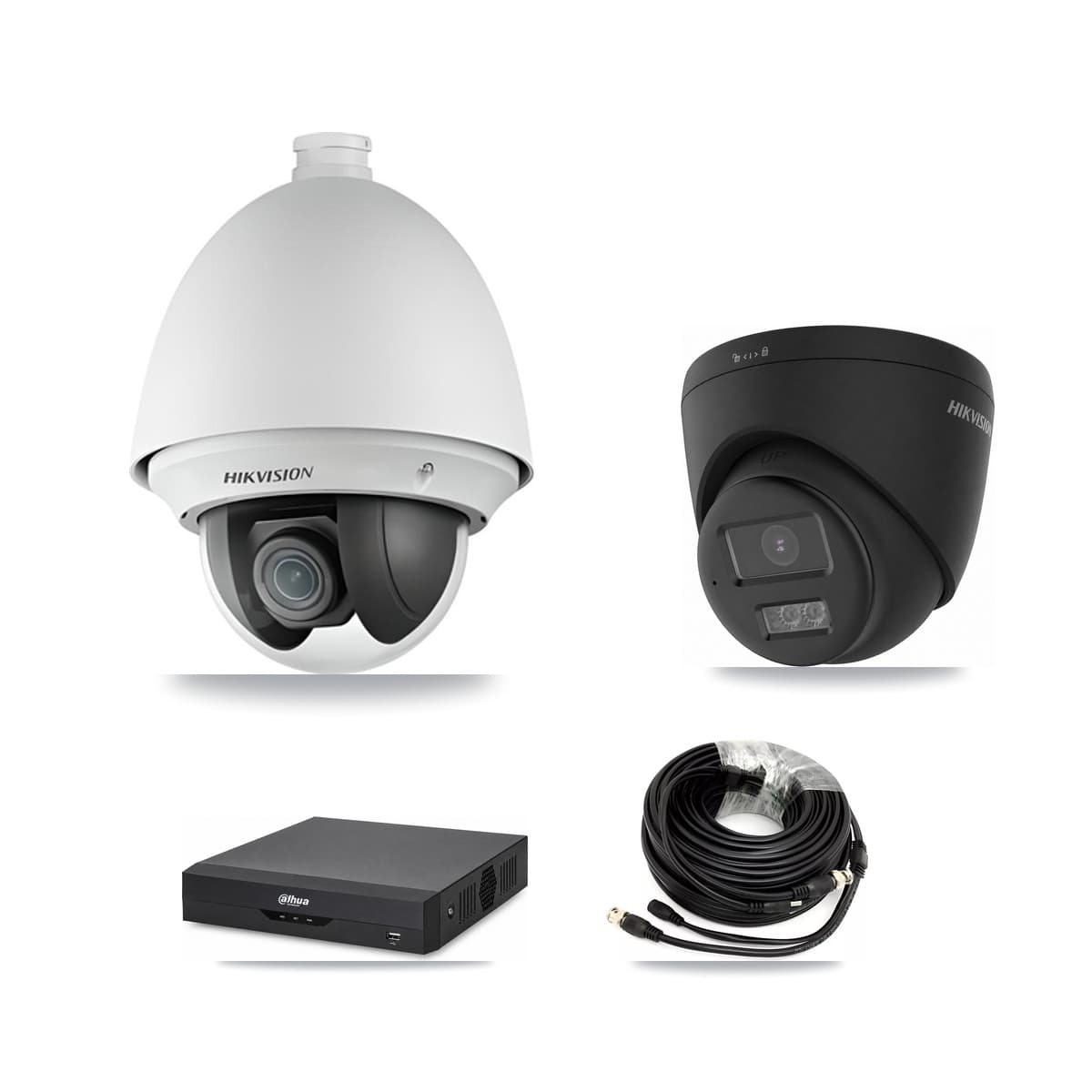 Hikvision & Dahua 4-Channel 2MP – 4K CCTV Kit — 1 2MP PTZ + 1 Black 4K Turret Cameras + 3TB Recording