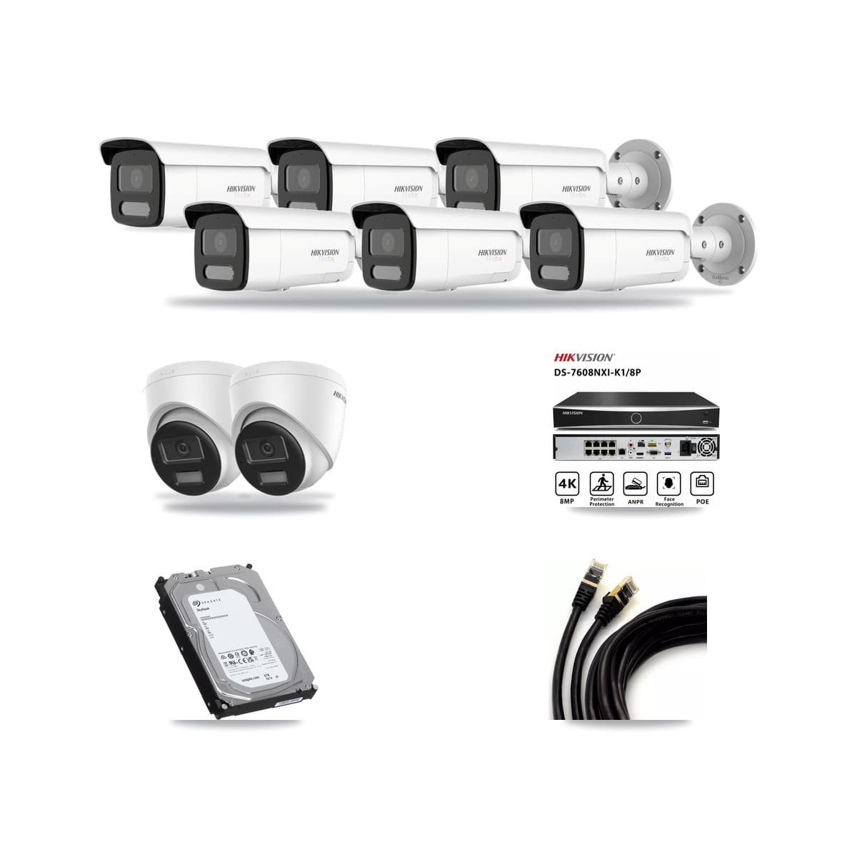 Hikvision 8-Channel 4K CCTV Kit — 2 DS-2CD1383G2-LIU Turret + 6 White DS-2CD2T87G2H-LISU/SL-2.8MM-W Bullet Cameras + 6TB Recording (DS-7608NXI-K1/8P Recorder) - Image 1