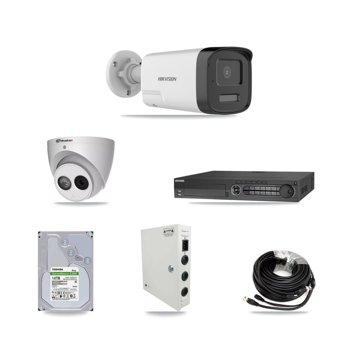 Hikvision & Prolux 32-Channel 4MP – 5MP CCTV Kit — 30 DS-2CE17K0T 5MP Bullet + 1 PXC-612C4W-A 4MP Turret Cameras + 4× 10TB Recording
