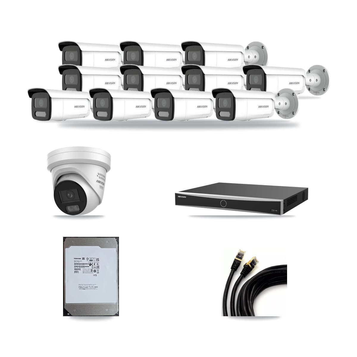 Hikvision 16-Channel 4MP CCTV Kit — 1 DS-2CD2347G3 Turret + 11 DS-2CD2T47G2H Bullet Cameras + 14TB Recording - Image 1