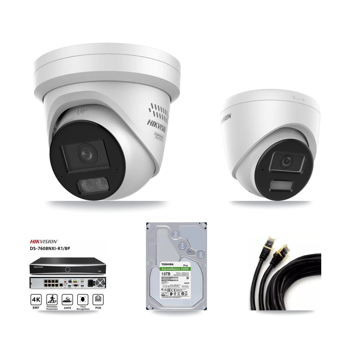Hikvision 8-Channel 4MP CCTV Kit — 2 DS-2CD1343G2 + 5 DS-2CD2347G3 Turret Cameras + 10TB Recording