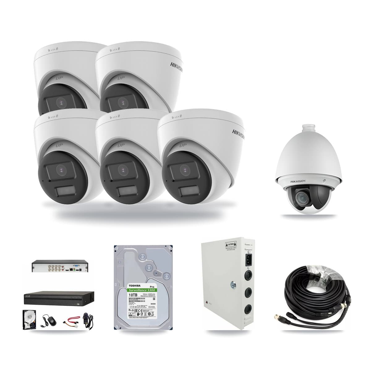 Hikvision & Dahua 8-Channel 2MP – 4K CCTV Kit — 1 2MP PTZ + 5 4K Turret Cameras + 10TB Recording - Image 1