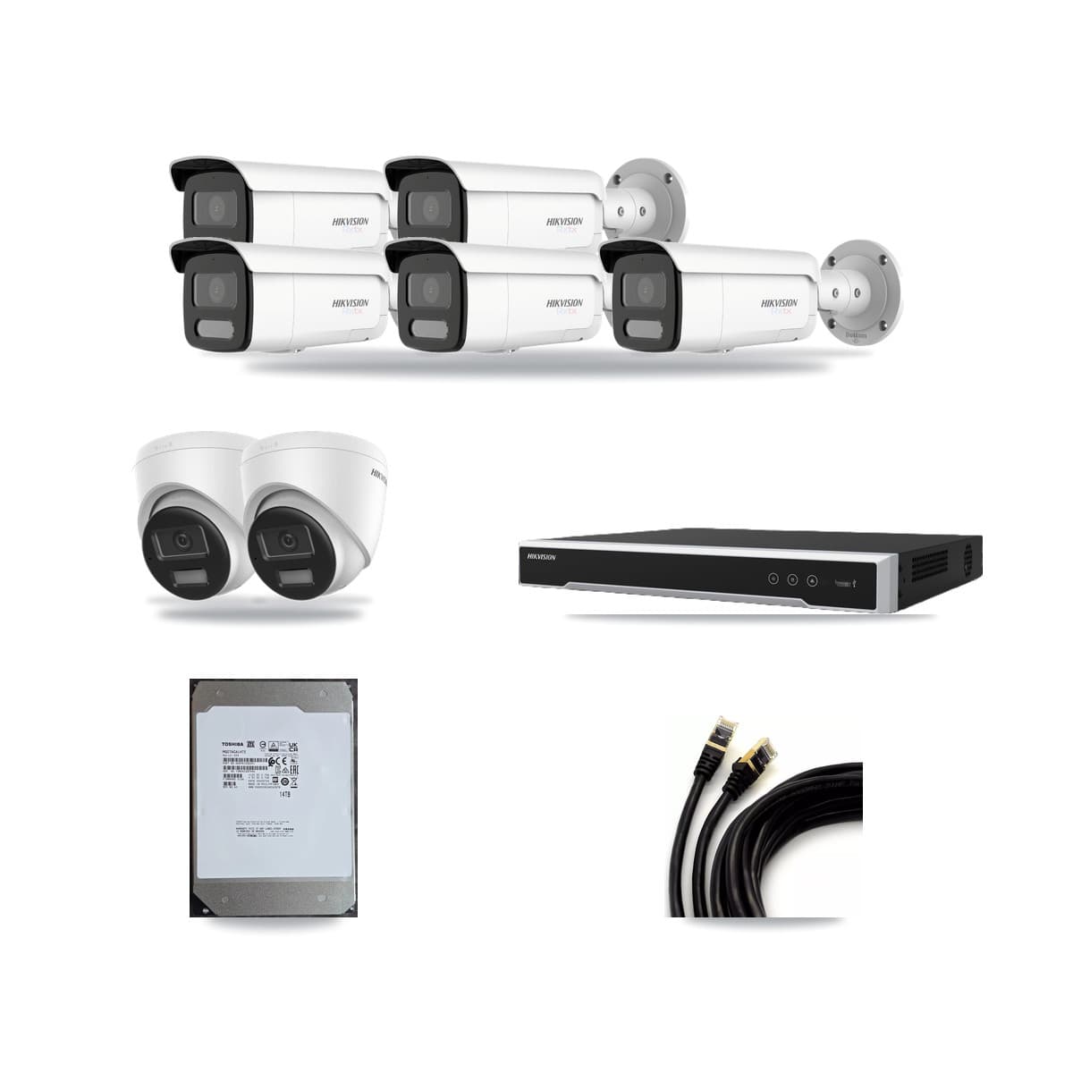 Hikvision 8-channel CCTV kit: 7 cameras (5× 4K Bullet + 2× 4K Turret), 14TB hard drive