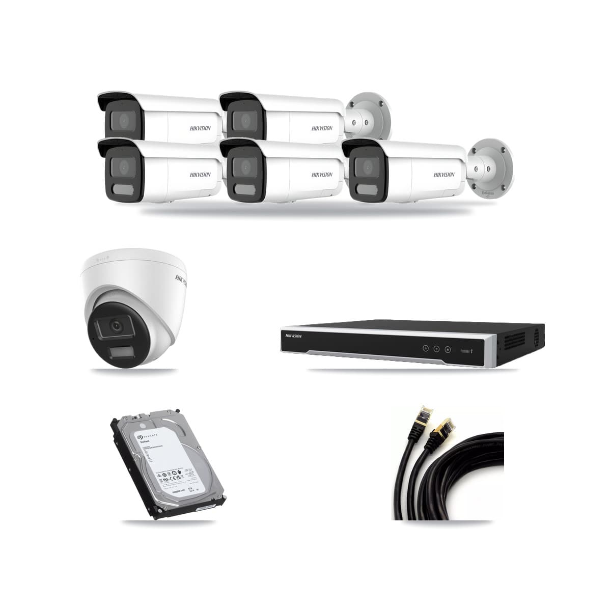 Hikvision 8-Channel 4MP – 4K CCTV Kit — 1 DS-2CD1383G2-LIUF/SL 4K Turret + 5 DS-2CD2T47G2H-LISU/SL 4MP Bullet Cameras + 6TB Recording (DS-7608NI-M2/8P Recorder) - Image 1