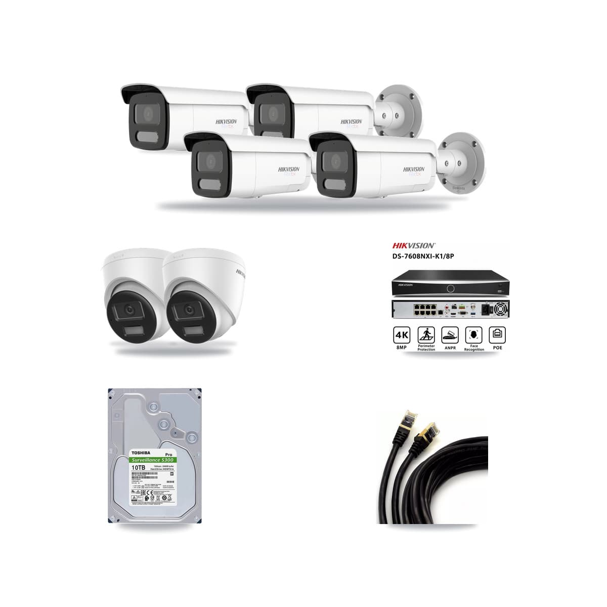 Hikvision 8-Channel 4K CCTV Kit — 2 DS-2CD1383G2-LIU Turret + 4 White DS-2CD2T87G2H-LISU/SL-2.8MM-W Bullet Cameras + 10TB Recording (DS-7608NXI-K1/8P Recorder) - Image 1