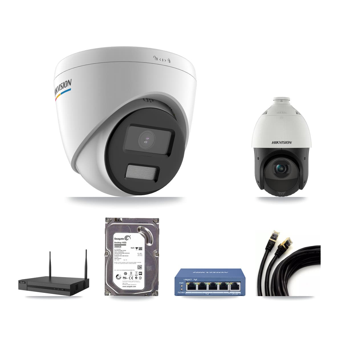 Hikvision & HiLook 4-Channel 2MP – 4MP CCTV Kit — 1 2MP Turret + 1 4MP PTZ Cameras + 2TB Recording