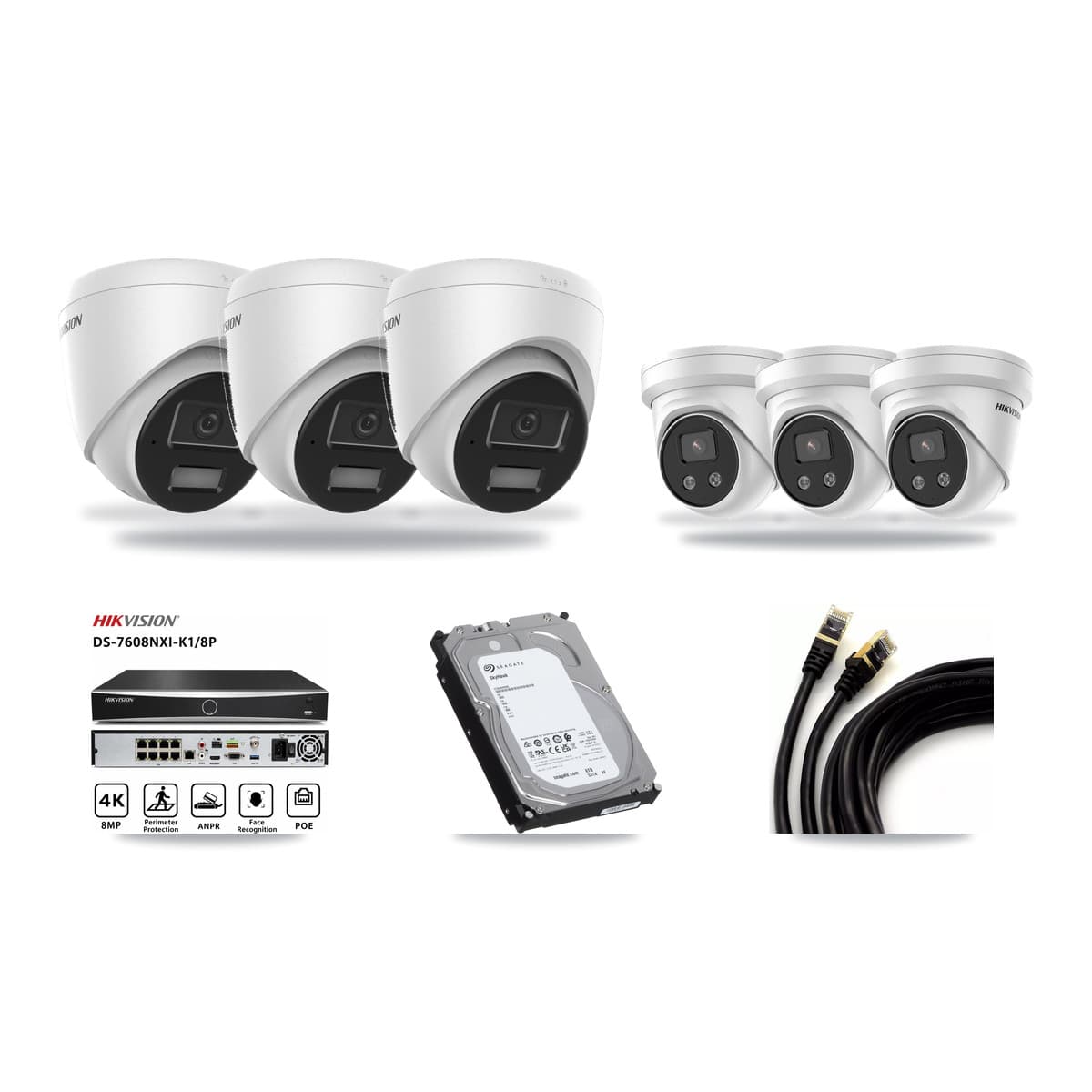 Hikvision 8-Channel 4MP – 5MP CCTV Kit — 3 4MP + 3 5MP Turret Cameras + 6TB Recording (DS-7608NXI Recorder) - Image 1