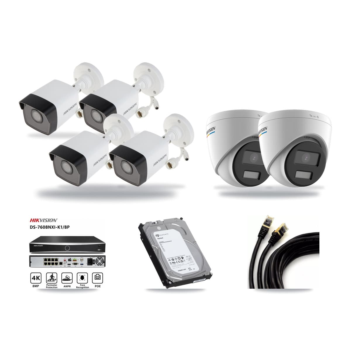 Hikvision 8-Channel 2MP – 5MP CCTV Kit — 4 5MP Bullet + 2 2MP Turret Cameras + 6TB Recording (DS-7608NXI Recorder) - Image 1