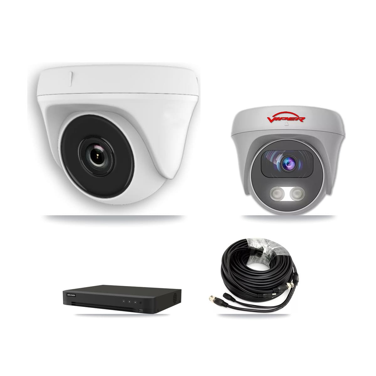 Viper & Hikvision 8-Channel 2MP – 5MP CCTV Kit — 3 White HDT-2MP-N20W-2.8MM 2MP Dome + 1 White VIPER-5MP-3K-AOC-WHITE-2.8MM 5MP Cameras + 3TB Recording (IDS-7208HUHI-M1/XT Recorder)