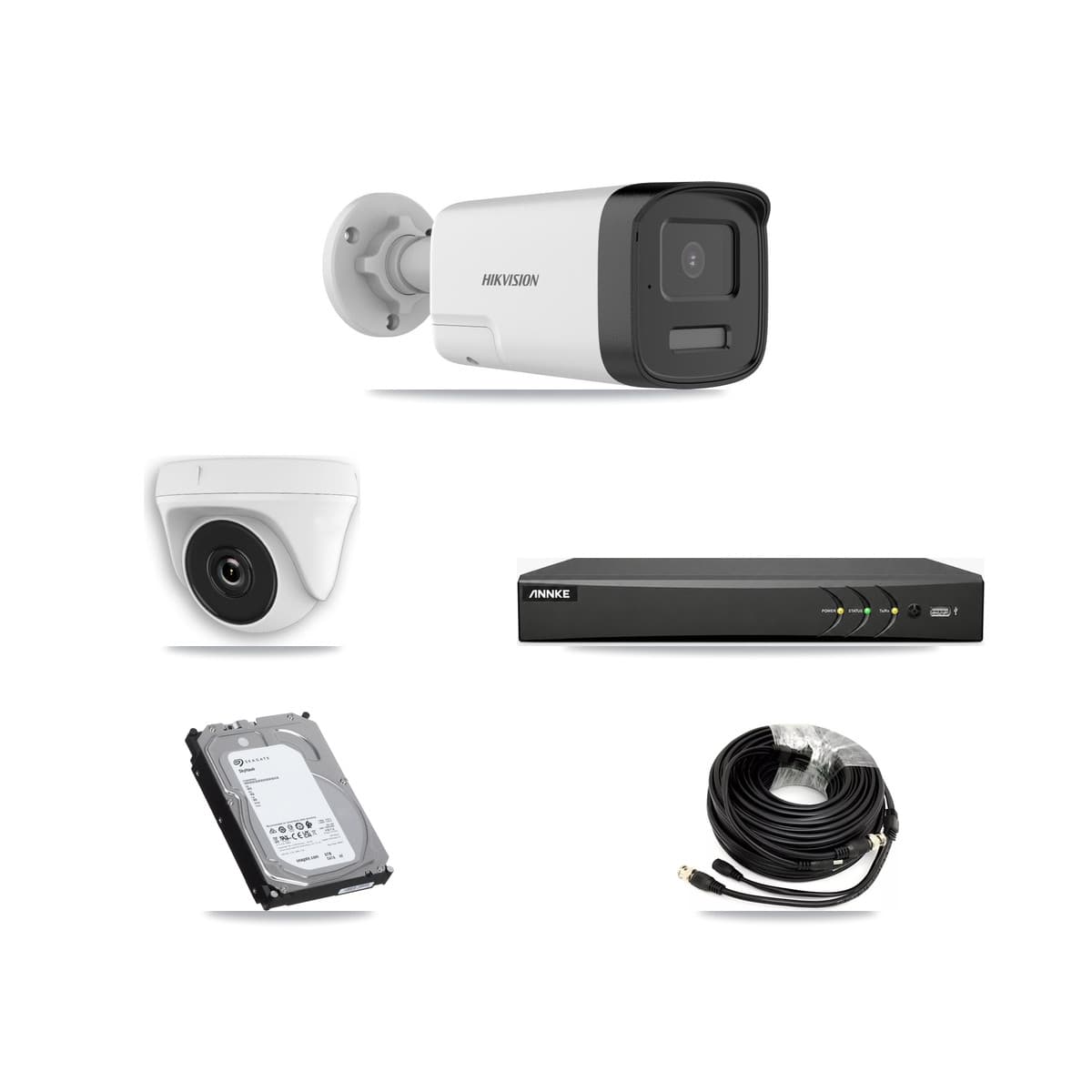 Hikvision & ANNKE 4-Channel 2MP – 5MP CCTV Kit — 3 DS-2CE17K0T 5MP Bullet + 1 White HDT-2MP-N20W 2MP Dome Cameras + 6TB Recording